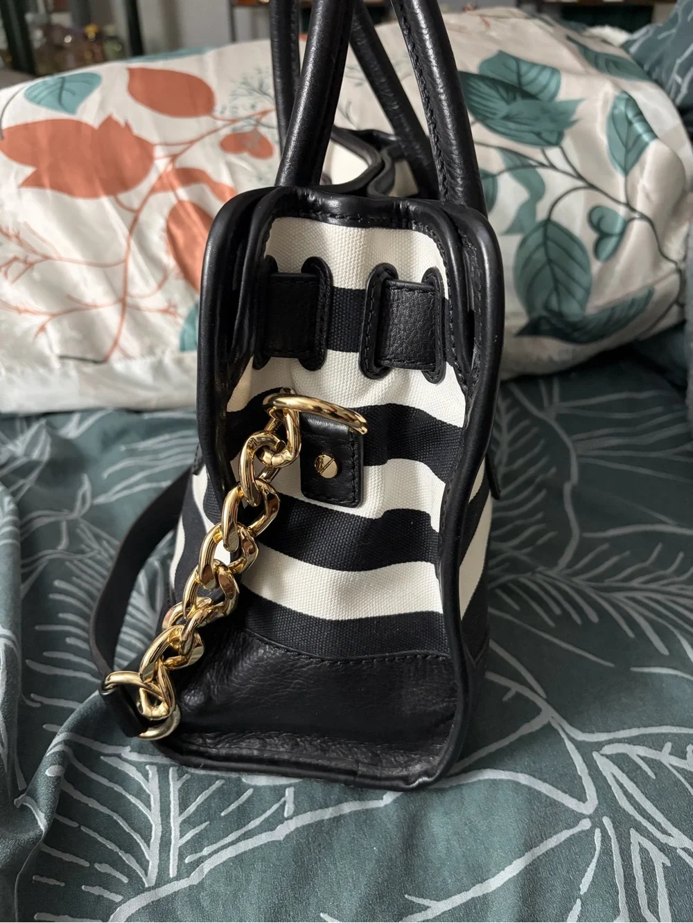 Michael Kors Black and White Striped Satchel with Gold Hardware
